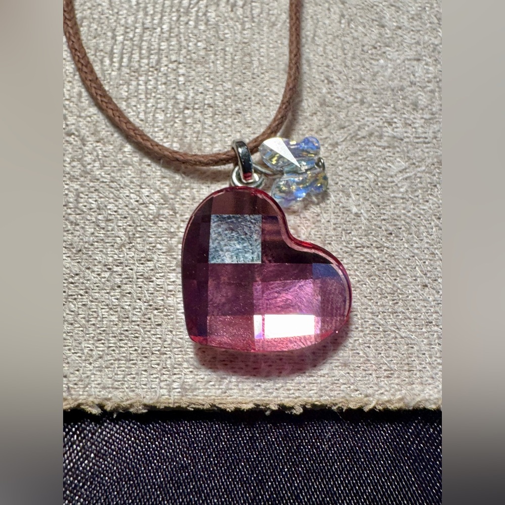 Authentic Swarovski Pink Crystal Heart & Butterfly Pendant Leather Necklace